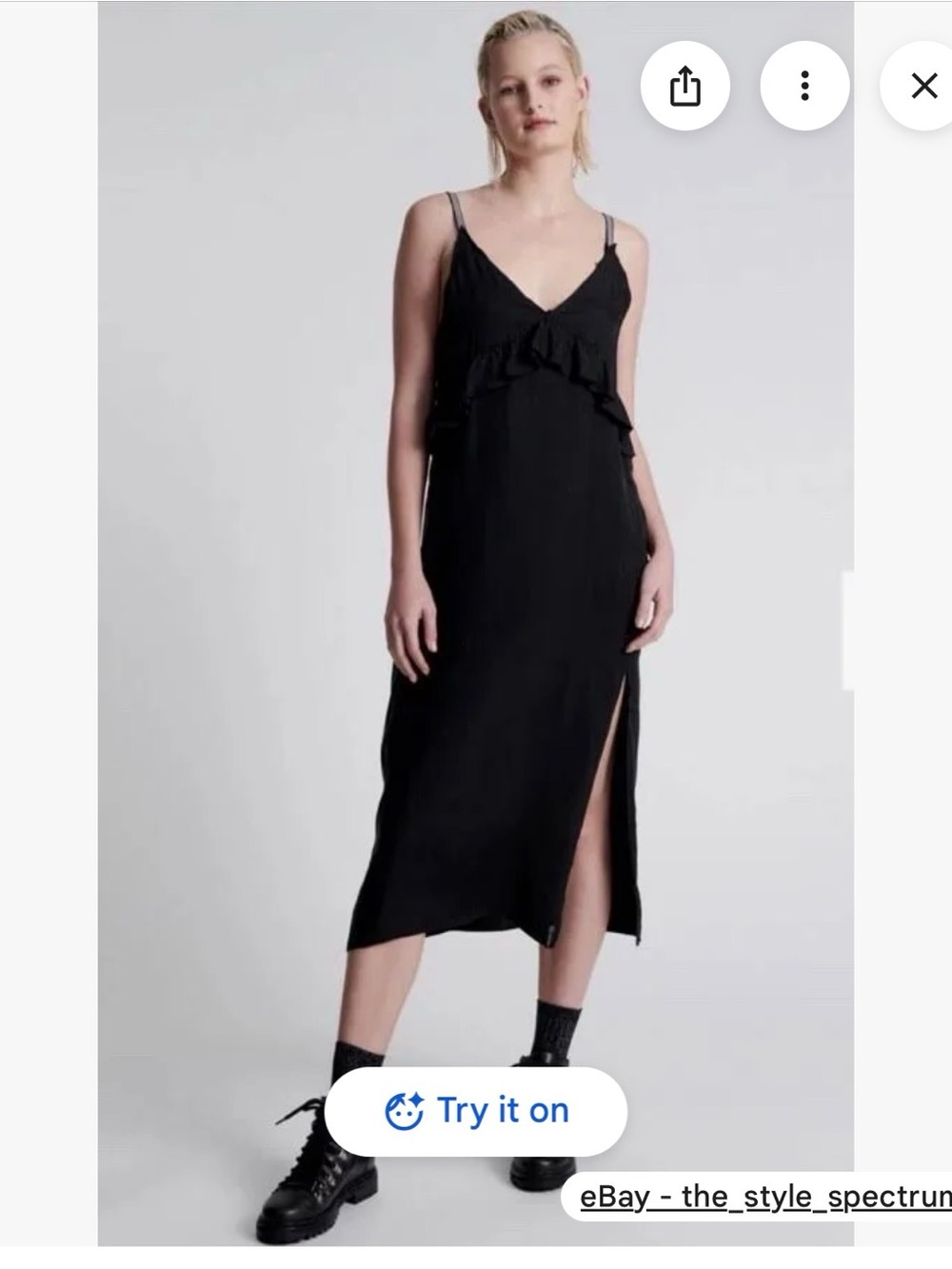 One Teaspoon Black Spaghetti Strap Midi Slip Dress with Ruffle & Side Slit